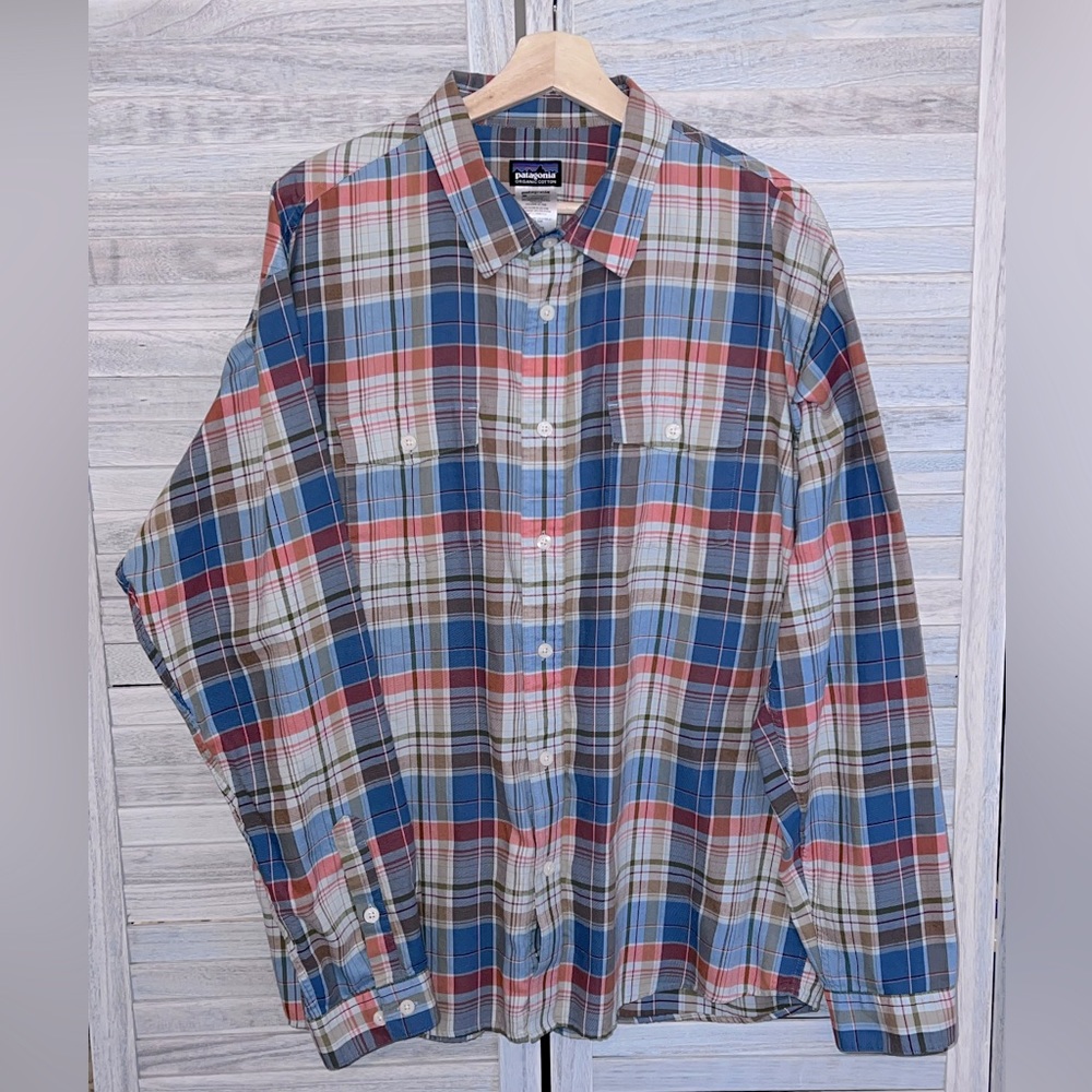 Mens Patagonia XL Long Sleeve Plaid Button Down Shirt - Blue and orange